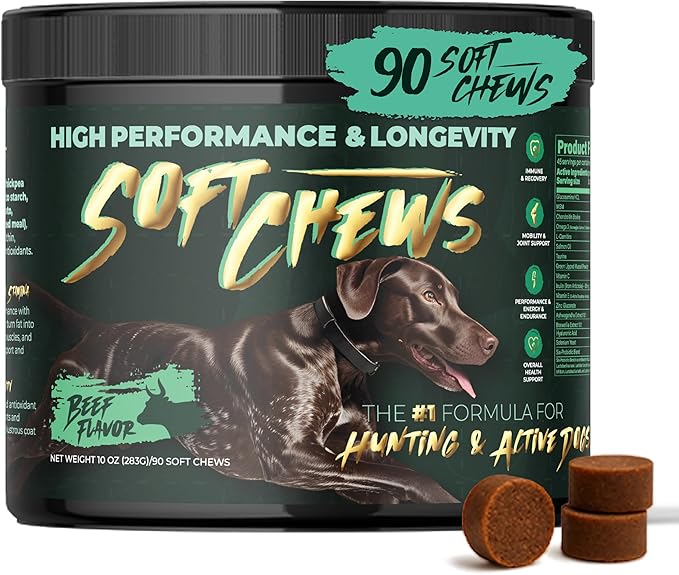 High-Performance & Longevity Soft Chews for Hunting, Sport and Working Dogs with Glucosamine, Chondroitin, Omega-3, Antioxidants, Ashwagandha, Probiotics, Beef Flavor, 90 Count