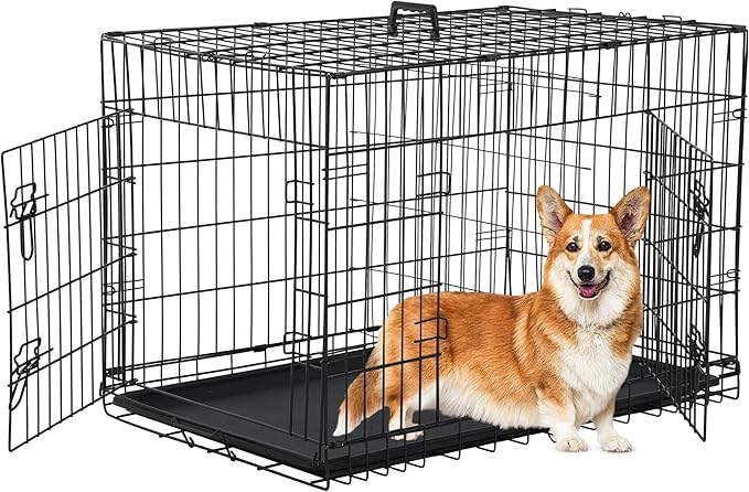 36'' Foldable Metal Wire Dog Crate Double Door, Folding Portable Dog Cage Double Lock, Collapsible Intermediate Dog Crate w/Leak-Proof Pan/Divider/Handle, Dog Kennel for Intermediate Dogs Indoor