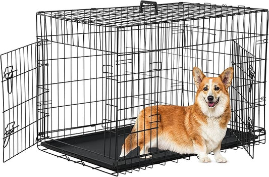 36'' Foldable Metal Wire Dog Crate Double Door, Folding Portable Dog Cage Double Lock, Collapsible Intermediate Dog Crate w/Leak-Proof Pan/Divider/Handle, Dog Kennel for Intermediate Dogs Indoor
