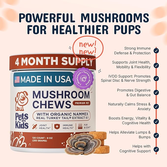 Pets are Kids Turkey Tail Mushroom for Dogs with Organic Real Turkey Tail™ - 8:1 Extract Mushroom Chews for Lumps & Bumps, Immunity, Gut, Skin, Joint & Spine Support - Reishi, Lion’s Mane - 120 Chews