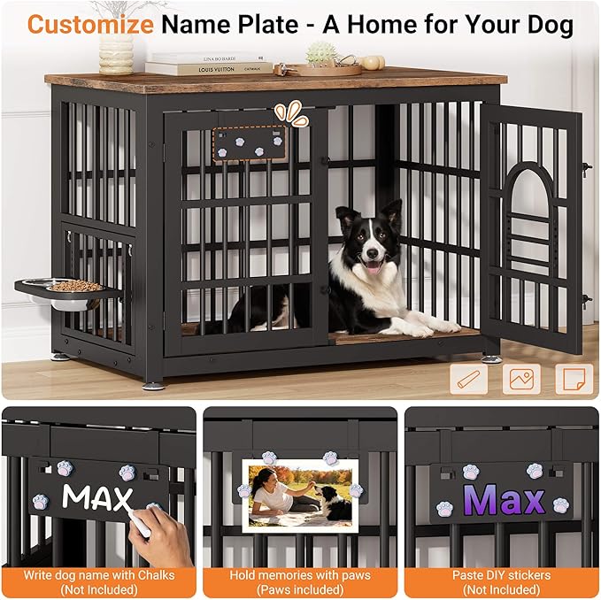 Dog Crate Furniture with Name Tag, Dog Kennel Indoor with 360° Rotating Feeder and Adjustable Heights Bowls, Wooden Decorative Pet Cage End Table for Small Medium Dogs, Rustic Brown 37.8" L