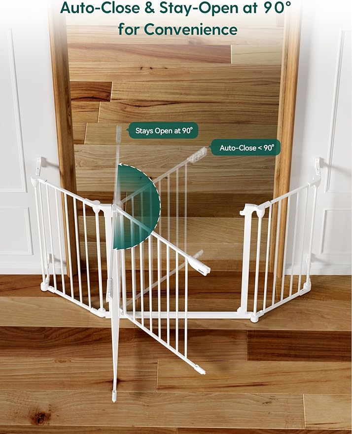Babelio 72" Extra Wide Baby Gate, 30" Tall Auto Close Dog Fence for Stairs Kitchen Doorways Fireplace, Hardware Mounted Pet Gate Indoor, Foldable 3 Metal Panels, White