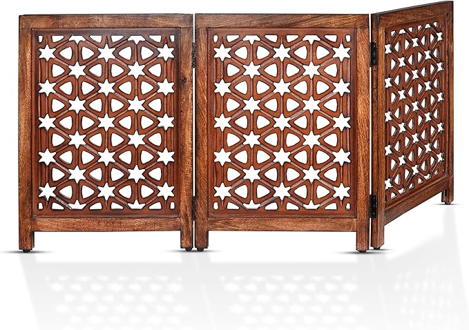 Decorative Wooden Pet Gate, Dog Fence, Cat Gate, Foldable, Adjustable, Portable, Extra-Wide, Wooden Dog Barrier, Free-Standing Puppy Gate 3 Panels for Indoor, Doorways, Stairs-24x54 Inch Burnt Antique