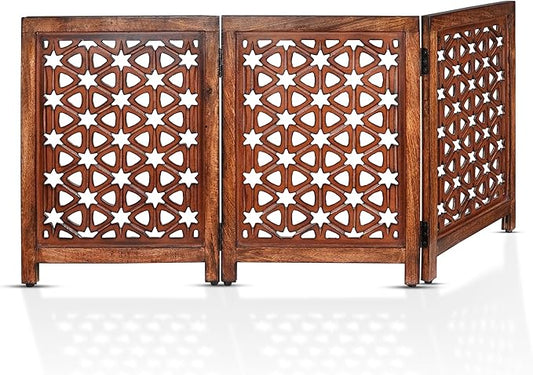 Decorative Wooden Pet Gate, Dog Fence, Cat Gate, Foldable, Adjustable, Portable, Extra-Wide, Wooden Dog Barrier, Free-Standing Puppy Gate 3 Panels for Indoor, Doorways, Stairs-24x54 Inch Burnt Antique