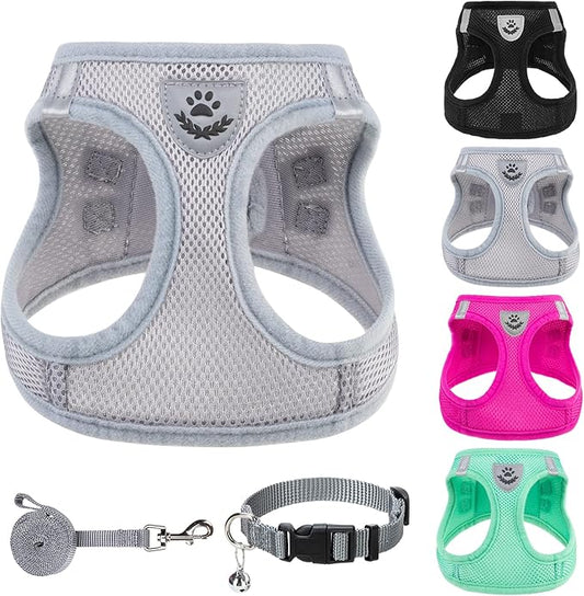 PUPTECK Adjustable Dog Harness Collar and Leash Set Step in No Pull Pet Harness for Small Medium Dogs Puppy and Cats Outdoor Walking Running, Soft Mesh Padded Reflective Vest Harnesses, Solid Grey S