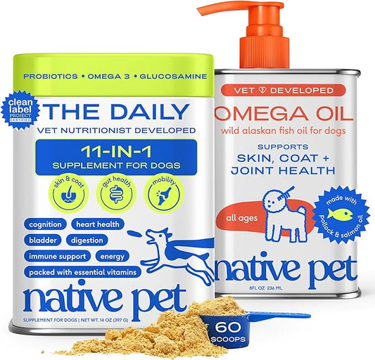 Native Pet Daily Wellness Bundle - Dog Vitamins and Supplements & Omega 3 Fish Oil Wild Alaskan Salmon Fish Oil for Dogs - 11-in-1 Multivitamin Powder Supports Joints, Gut, Skin, Coat & Heart Health