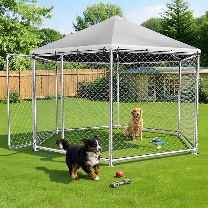 9.1x9.1FT Outdoor Dog Kennel, Heavy Duty Metal Dog Enclosure with Waterproof Oxford Cover & Security Lock, Galvanized Wire Mesh Hexagonal Dog Run for Large Dogs & Small Animals(109x109x95IN)