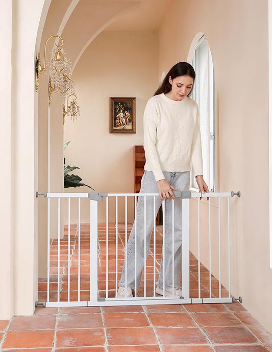 29"-57" Baby and Pet Safety Gate, 30" Tall Metal Walk-Thru Gate for Doorways & Stairs, Easy One-Hand Open, Dual Lock, Extensions & Wall Mounts Included (White, 29"-57" W x 30.5“H)