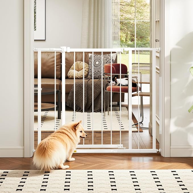 BestPet 36”Tall Dog Gate for Stairs & Doorways, Fits 28.5”-39.7” Wide Openings,Walk-Through Metal Pet Gate for Indoor Use,Adjustable Safety Gates for Pets,White