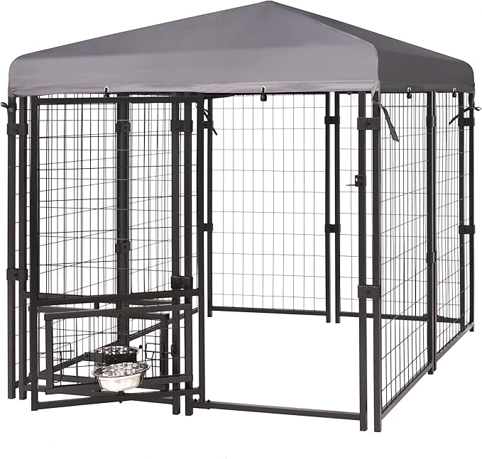 MUPATER Dog Kennel Outdoor Indoor with Roof and Rotating Feeding Doors, Large Metal Dog Pen Enclosure House Heavy Duty with Canopy, Door, 2 Bowl Holders and Bowls, 4.5'L x 4.5'W x 4.8'H