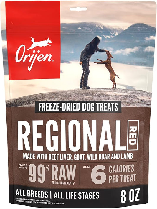 ORIJEN Grain Free High Protein Freeze Dried Dog Treats Regional Red Recipe 8oz Bag