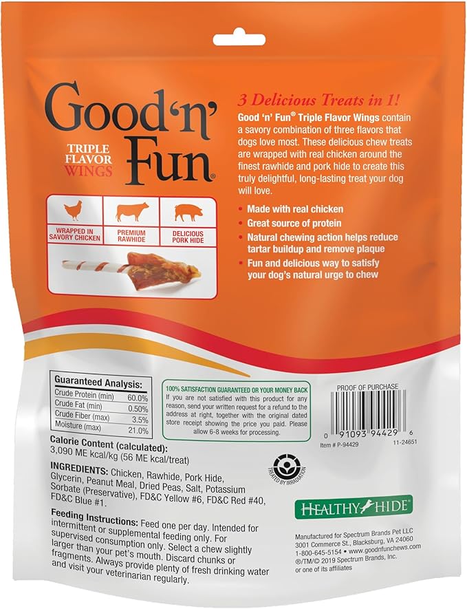 Good ‘n’ Fun Triple Flavor Wings Chews for All Dogs, 4 Ounces, Treat Your Dog to Long-Lasting Chews Made with Chicken, Beef Hide and Pork Hide