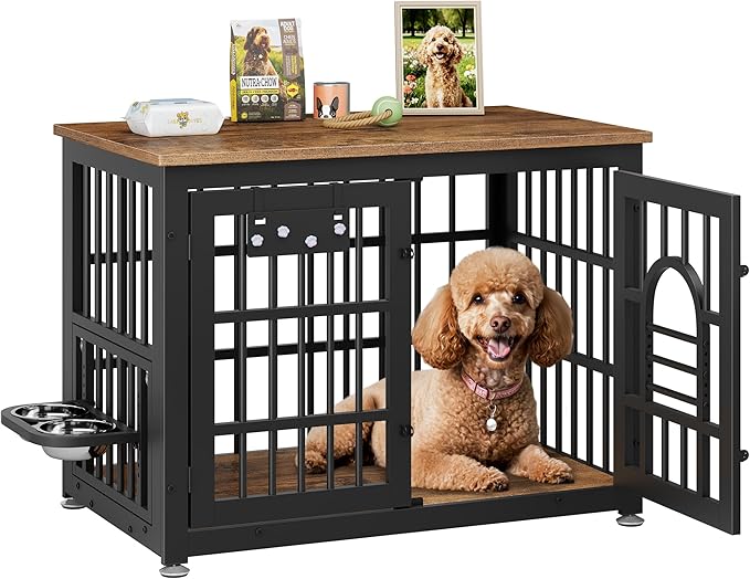 Lulive Dog Crate Furniture 37.8" Wooden Dog Kennel Table with Bowls Heavy Duty Dog Crates for Small/Medium/Large Dogs, Dog Kennel Furniture Indoor as TV Stand End Table,Brown
