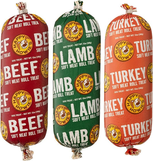 Happy Howie's Soft Meat Roll Treat - Soft Dog Food Rolls, Natural Ingredients, for All Dogs, Made in USA - Beef, Lamb, Turkey, 12 Oz (Pack of 3)