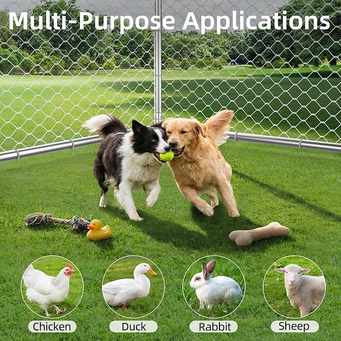 Outdoor Dog Kennel, Heavy Duty Metal Dog Enclosure with Waterproof Oxford Cover & Security Lock, Galvanized Wire Mesh Hexagonal Dog Run for Large Dogs & Small Animals (149.6x149.6x95IN)