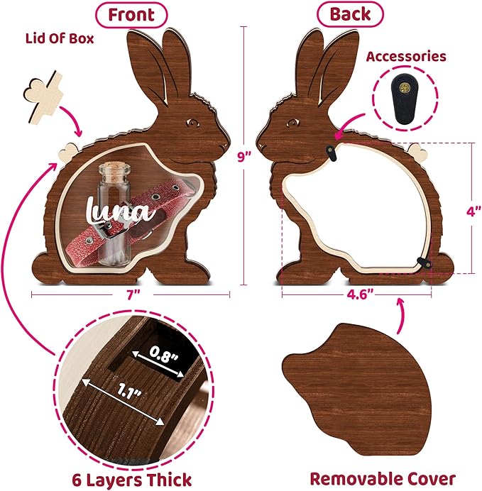 Personalized Rabbit Memorial Keepsake Unique Wooden Bunny Fur Box Collar Holder Sympathy Pet Loss Gift Memorial Storing Hair Ashes Standable Tabletop Decor Gift Idea for Pet Lover Family Friends