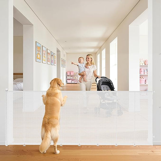 Retractable Baby Gate for Stairs, 48" Tall X 200" Wide Mesh Dog Gate Indoor, Child Gate for Doorways, Hallways, Deck, Indoor Outdoor Pet Baby Safety Essentials for Home, White
