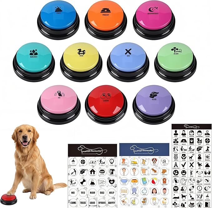 Set of 10 Dog Buttons for Communication, Dog Training Talking Buttons Starter Set, Recordable Buttons for Classroom 30-Second HD Recording, 100 Stickers