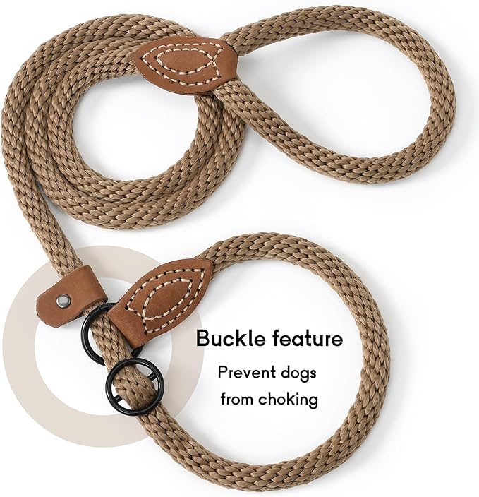 Mile High Life Slip Leads for Dogs | Heavy Duty Dog Training Leash | 5 Feet No Pull Slip Leashes w Leather Tip | Brown Rope Lead for Dogs Outside