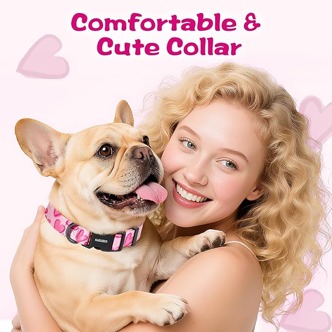 Kazazoo Dog Collar Cute and Soft Nylon Puppy Collar Girl, Adjustable Dog Collars for Small Medium Dogs, Hot Pink Heart-S