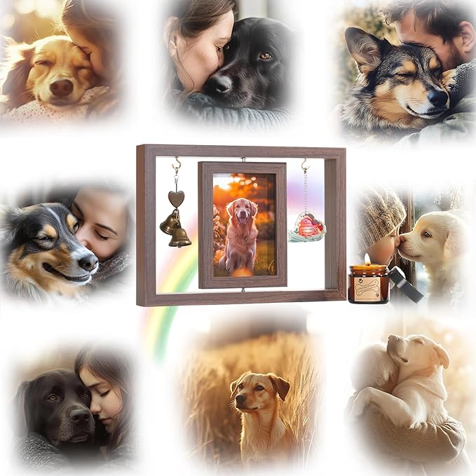 Dog Memorial Picture Frame As Pet Memorial Gifts - Rotating Wooden Frame for 4x6 Photo with Soy Candle, Dog Loss Sympathy Gift Set for Bereavement Remembrance, Remembrance Gift