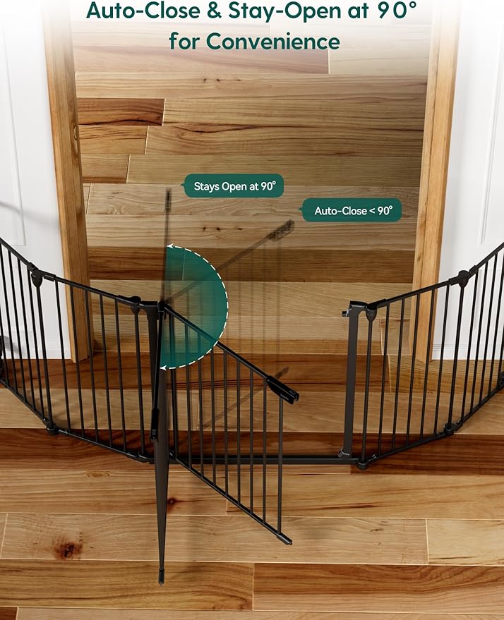 Babelio 104" Extra Wide Baby Gate, 30" Tall Auto Close Dog Fence for Stairs Doorways Fireplace, Hardware Mounted Pet Gate Indoor, Foldable 5 Metal Panels, Black