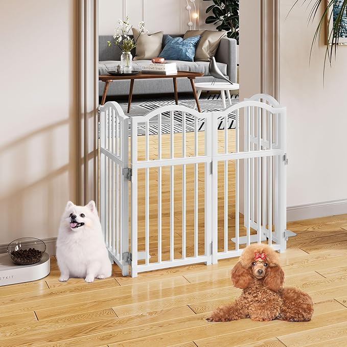 Snughome Dog Gate Indoor, 23.62" H Freestanding Short Dog Door Gates with Support Feet, Expands Up to 48’’ Wide Foldable Pet Gates for Doorways, 4 Panel Folding Pet Door Pet Fence for Puppy, White
