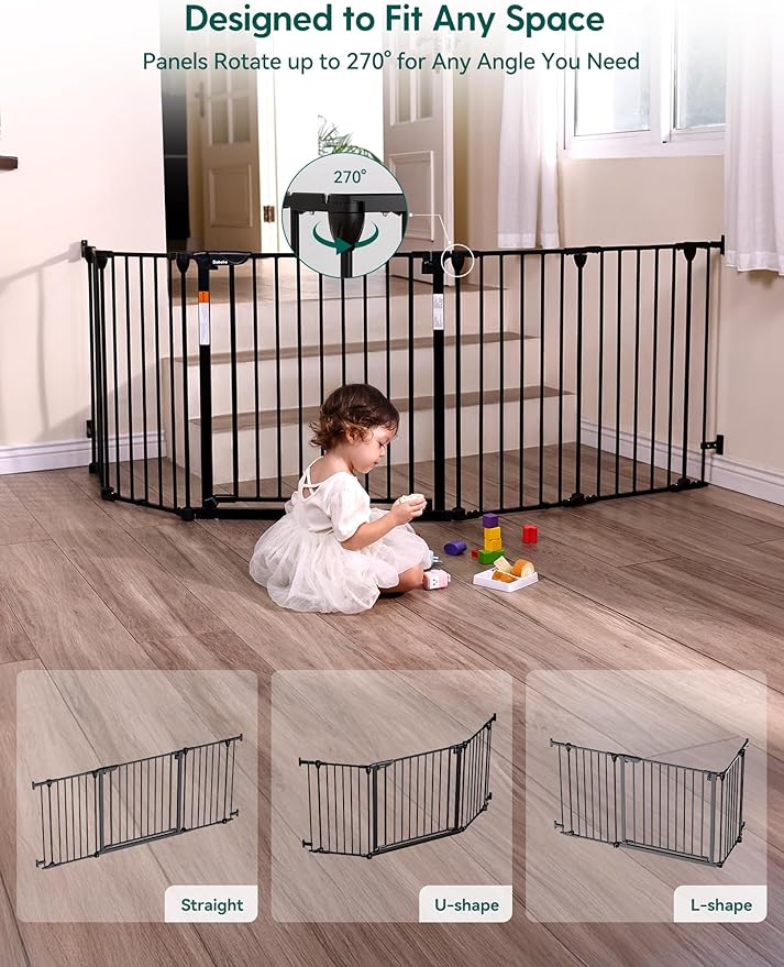 Babelio 72" Extra Wide Baby Gate, 30" Tall Auto Close Dog Fence for Stairs Kitchen Doorways Fireplace, Hardware Mounted Pet Gate Indoor, Foldable 3 Metal Panels, Black