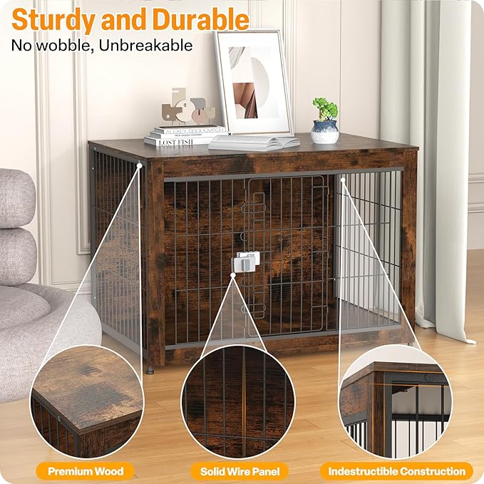 Furniture Style Dog Crate, 43" Wooden Dog Kennel End Table with Solid Top, Indoor Pet Crate House with Secure Slide Lock, Modern Dog Cage Furniture for Small & Medium Dogs, Aged Black