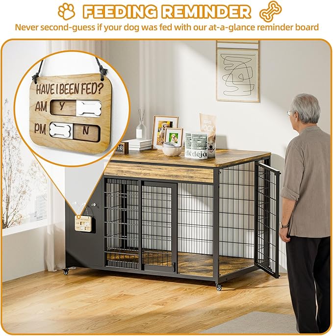 42" Dog Crate Furniture - Dog Crate with DIY Frame, Sliding Door Indoor Kennel, Wooden Dog Cage End Table, for Large Breed, Rustic Brown Size XL
