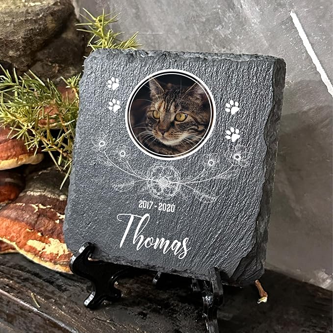 Personalized Individual Square Memorial Plaque + Stand for Pet Cat Dog Slate Stone Frame Paw Grave Marker - Size 3.94" x 3.94" or 100 x 100 mm - Floral