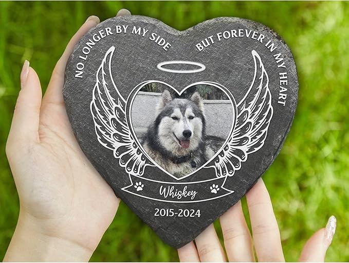 Wrappiness Pet Memorial Stone - No Longer by My Side Forever in My Heart, Personalized Dog Memorial Gifts, Remembrance Condolences Bereavement Gifts for Loss of Pet Custom Photo (Heart 04, Stone)