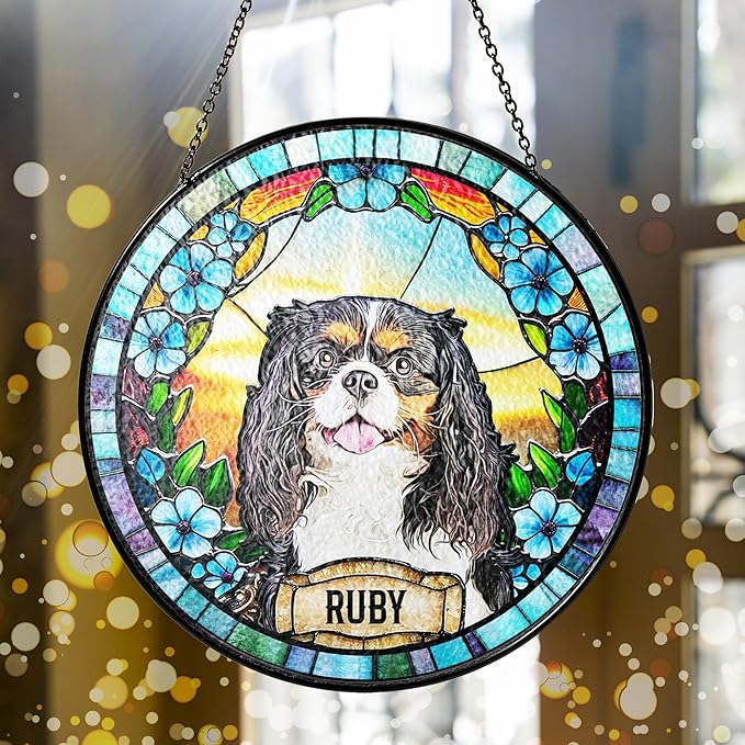 LOVELYPOD Custom Dog Stain Glass Suncatcher, Dog Photo Suncatcher, Pet Portrait Window Hanging, Loss of Dogs Memorial Gifts, Sympathy Gift, Pet Remembrance Gifts