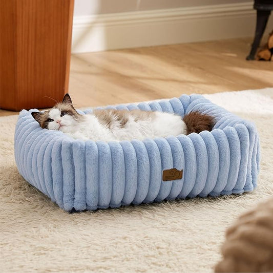 Bedsure ComfyFleece™ Washable Dog Bed for Medium Dogs - Cute Furry Puppy Beds, Rectangle Orthopedic Corduroy Fleece Pet Beds with Removable Zipper Cover, 20x19x6inches, Blue