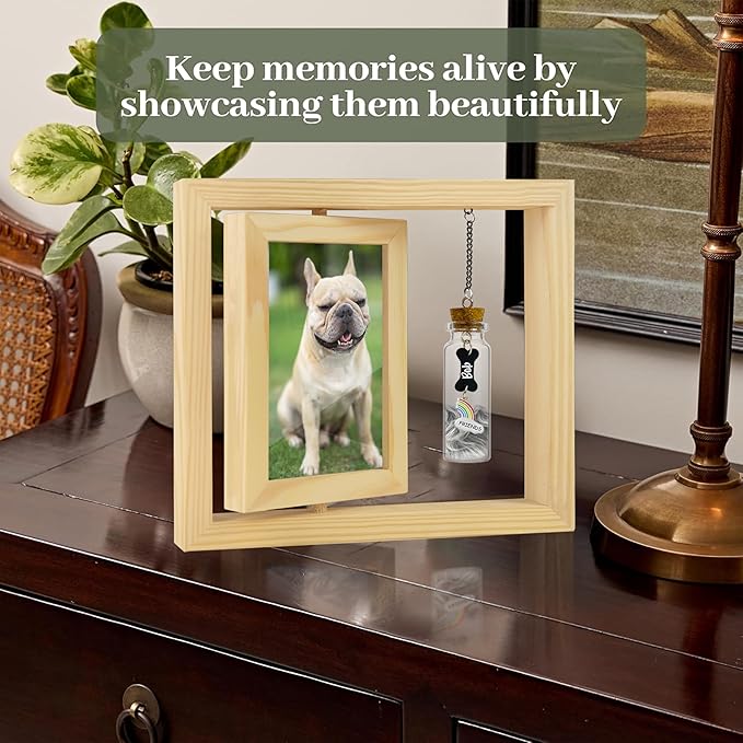 Pet Memorial Gift for Dogs, Natural 360 Rotating Wooden Picture Frame 4x6 Photo, Pet Hair Keepsake Fur Jar Rainbow Bridge , No Longer By My Side But Forever in My Heart, Animal Loss Gift PR-3N