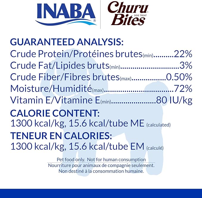 INABA Churu Bites for Dogs, Grain-Free, Soft/Chewy Baked Chicken Wrapped Churu Filled Dog Treats, 0.42 Ounces Each Tube | 48 Tubes Total (8 Tubes per Pack), Chicken with Cheese Recipe