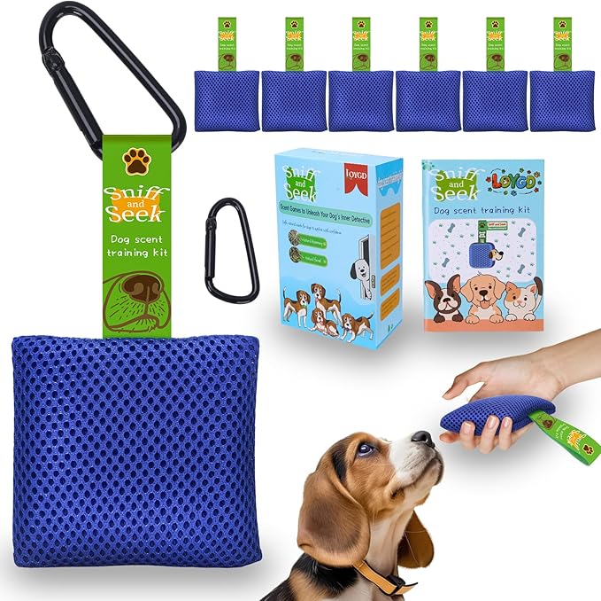 Dog Scent Training Kit – Fun Nosework Brain Games for Dogs – Encourage Calmness, Build Bond, All Ages & Breeds – 6 Scent Pouches with Fennel & Rosemary, Snap Hooks & Step-by-Step Training Guide