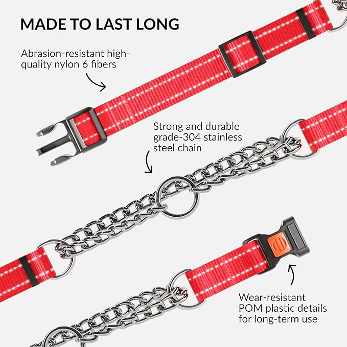 CollarDirect Martingale Dog Collar with Stainless Steel Chain and Quick Release Buckle - Reflective Collar for Large, Medium, Small Dogs - Red, Medium (Neck Size 14"-17")