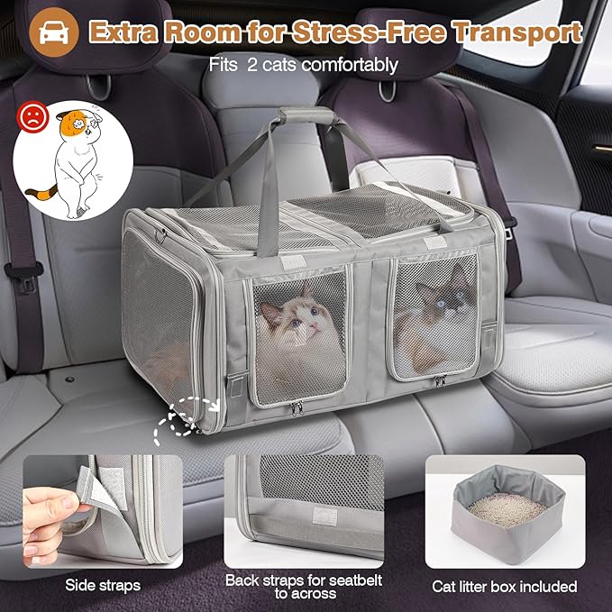 Cat Carrier for 2 Cats with Litter Box, Large Cat Travel Carrier for Car Travel, Double-Compartment Soft Pet Carrier with Breathable Mesh, up to 30lb - for Car, Vet Visits & Camping