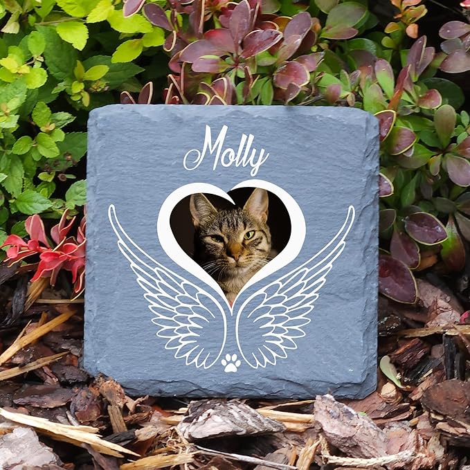Personalized Individual Square Memorial Plaque + Stand for Pet Cat Dog Slate Stone Frame Paw Grave Marker - Size 3.94" x 3.94" or 100 x 100 mm - Angel Wings