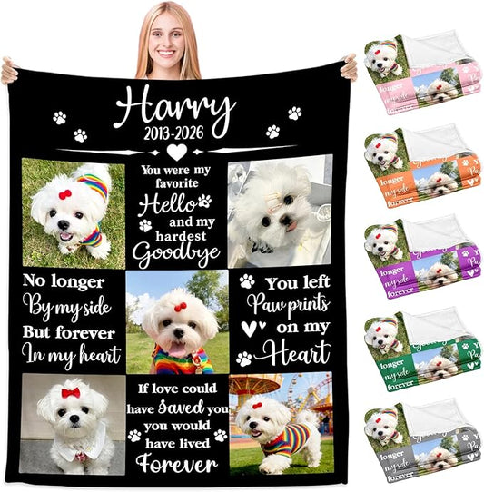 Custom Dog Memorial Blanket with Photos, Pet Memorial Gifts for Dogs, Personalized Dog Blanket with Picture Name, Sympathy Bereavement Remembrance Gifts for Pet Lovers, Cat Passing Away Gifts
