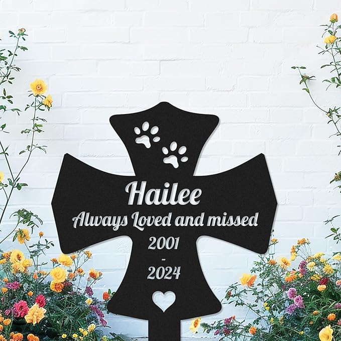 Custom Dog Cat Memorial Grave Marker Metal Sign with Stake, Personalized Pet Memorial Garden Cross Stake for Cemetery Yard, Customized Sympathetic Grave Marker Memorial Plaque Burial Marker