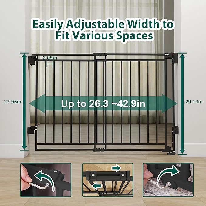 26.5-43" No Bottom Bar Baby Gate for Stairs and Doorways, 29" Tall Hardware-Mounted Baby Gate for Top and Bottom Stairs, Auto-Close Dog Gate Indoor with Extra Wide Walk Thru