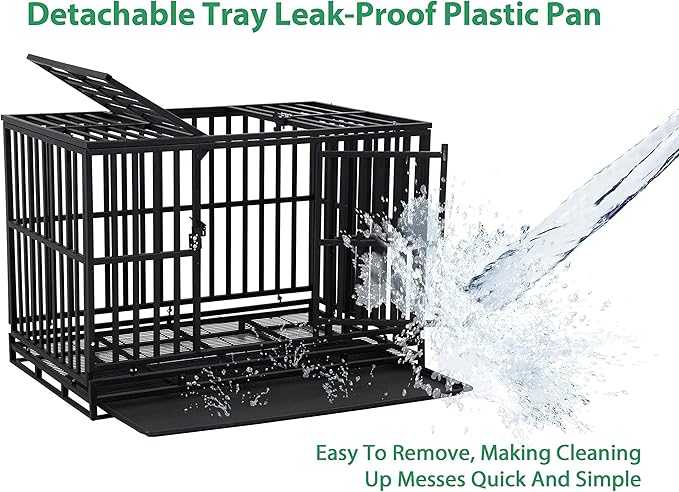 48'' Heavy Duty Dog Crate for Medium and Large Dogs Thickened Metal Dog Cage with Wheels, Double Doors & Locks Design Escape Proof, Indoor Large Dog Crate Heavy Duty Stackable Dog Kennel with Tray