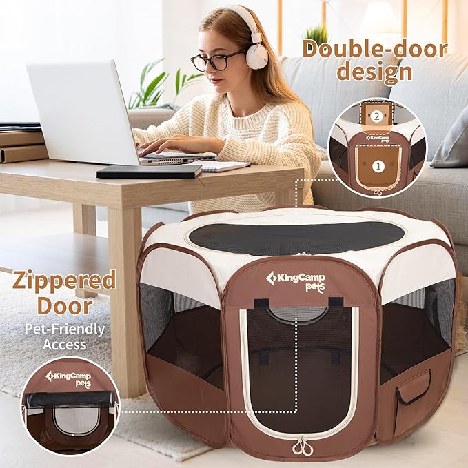 KingCamp Dog Playpen, Portable Foldable Cat Kitten Puppy Tent Crates 29"/36"/50" Pop Up Pet Playpen with Zippered Bottom & Cover for Indoor Outdoor Use (Small, Khaki)