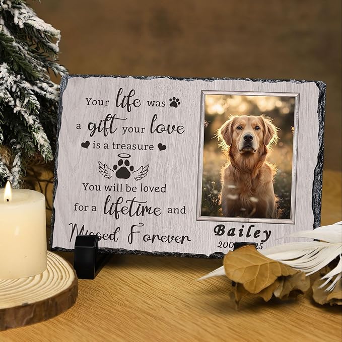 Ships Next Day Personalized Dog Memorial Gifts for Loss of Dog, Custom Pet Memorial Stone with Photo Name Date Bereavement Sympathy Gift for Dog Cat Lover