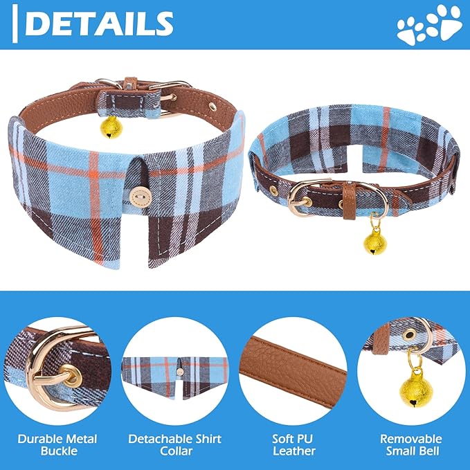 EXPAWLORER Dog Collar and Leash Set - Embroidery Pawprints Plaid Dog Leash and Collars, Cute Bandana and Detachable Collar, Suitable for Small Medium Dogs Girl Boy, SkyBlue S-M