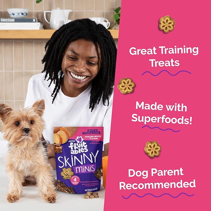 Fruitables Skinny Minis Dog Treats, Healthy Sweet Potato Treat for Dogs, Low Calorie & Delicious, Puppy Training, No Wheat, Corn or Soy, Made in the USA, Grilled Bison Flavor, 5oz