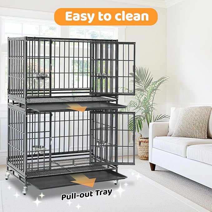 Homey Pet Two Tiers 37 Inch Dog Crate Cage Kennel with Feeding Bowls, Lockable Wheels and Removable Tray, Escape Proof Metal Wire Heavy Duty Dog Crates for Medium/Small Sized Dogs (4 Pack)