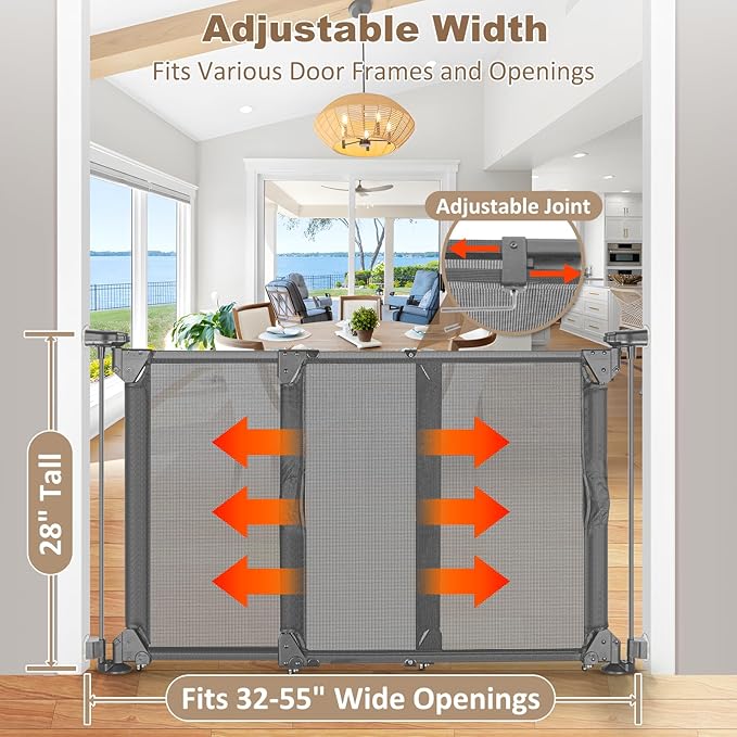 GRENFU 28" Tall No Drill Dog Gate for Stairs, Dual-Opening Sliding Pet Gate, Fits 32-55" Wide Expandable Dog Gates Indoor No Bottom Bar Baby Gate No Drill & Adjustable Width & Angle Mesh Gate, Gray